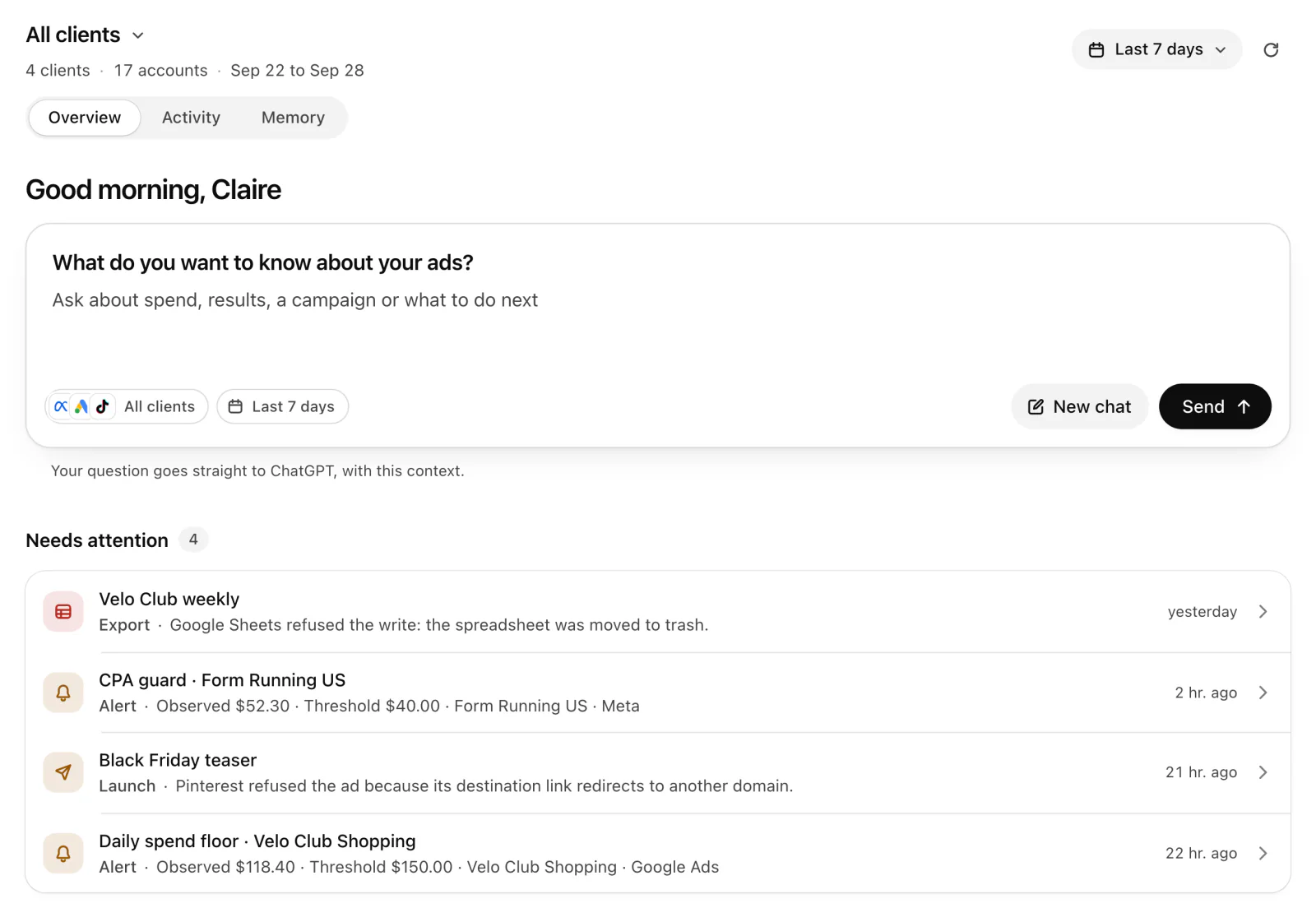 The ads cockpit in ChatGPT: four clients, 17 ad accounts, and four items that need attention: a Sheets export, two alerts and a launch.