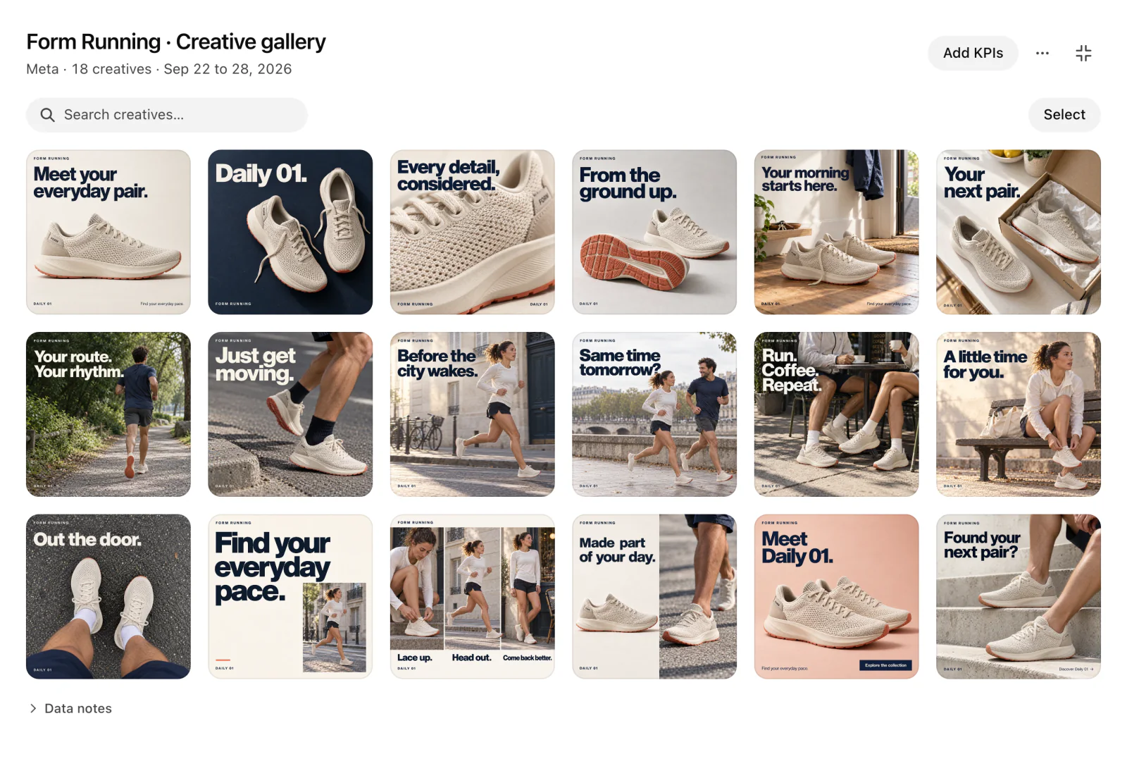 The creative gallery of a Meta account: 18 creatives in a grid, September 22 to 28, 2026.