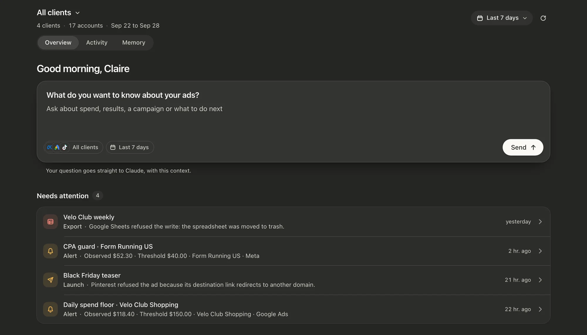 The ads cockpit inside Claude: four clients, 17 accounts and the four items that need attention this morning.
