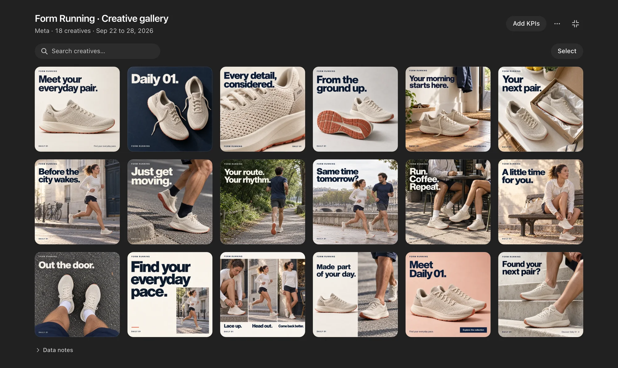 Creative gallery: 18 Meta creatives from Sep 22 to 28, in one grid.