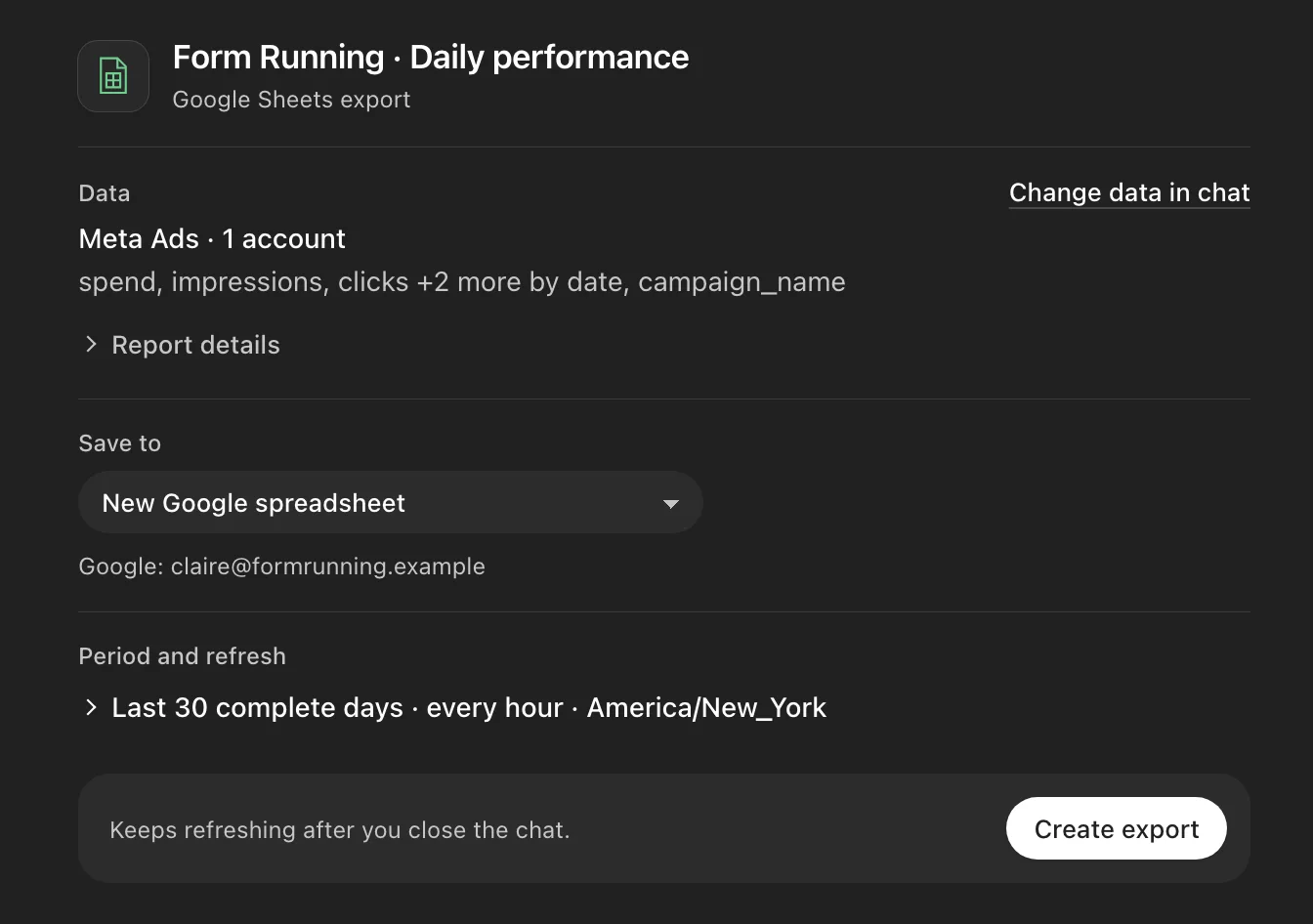 Google Sheets export card: Meta campaign data by day, last 30 complete days, refreshed every hour.