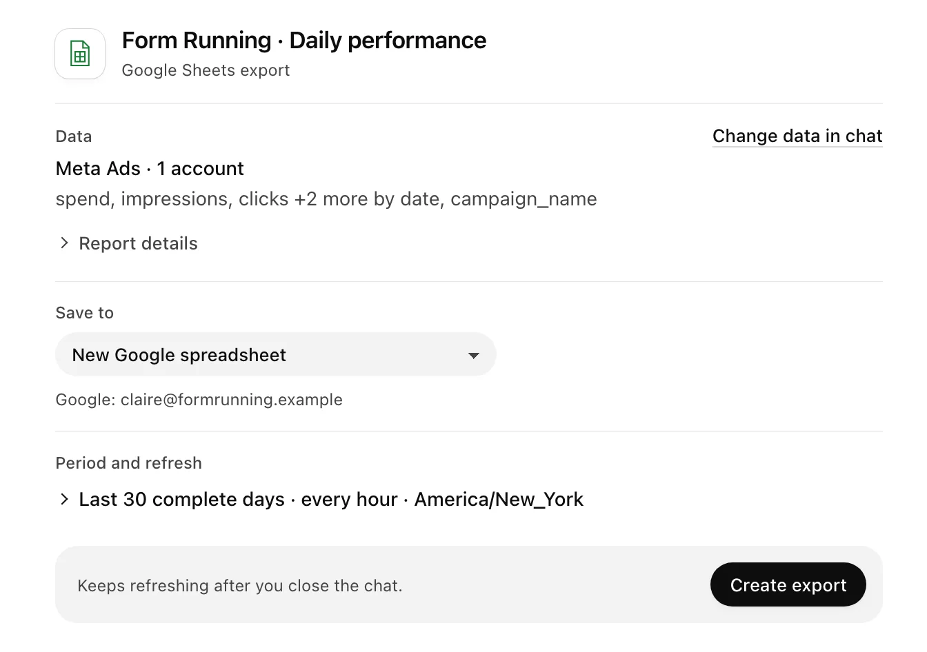 Google Sheets export card: Meta campaign data by day, last 30 complete days, refreshed every hour.