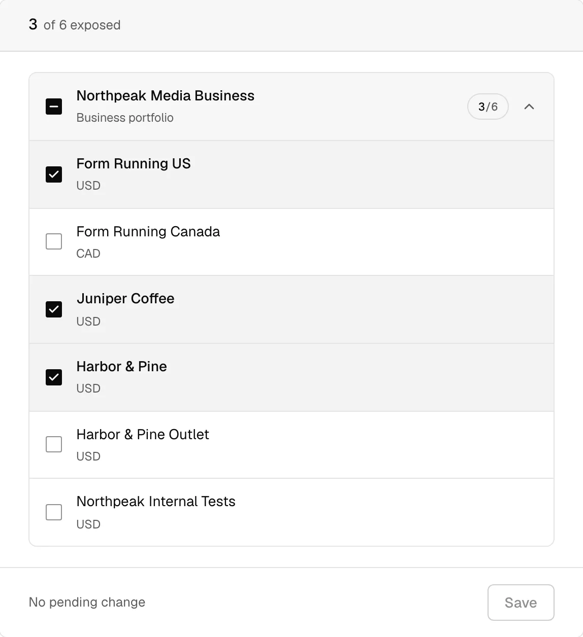 Account selection under a Meta Business Manager: three of six client accounts ticked.