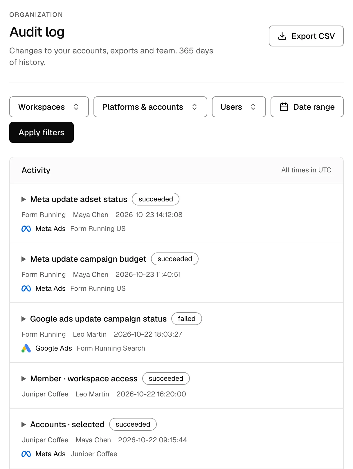 Audit log with filters and Export CSV: status and budget changes, a failed change, workspace access and account selection, each with its person and time.