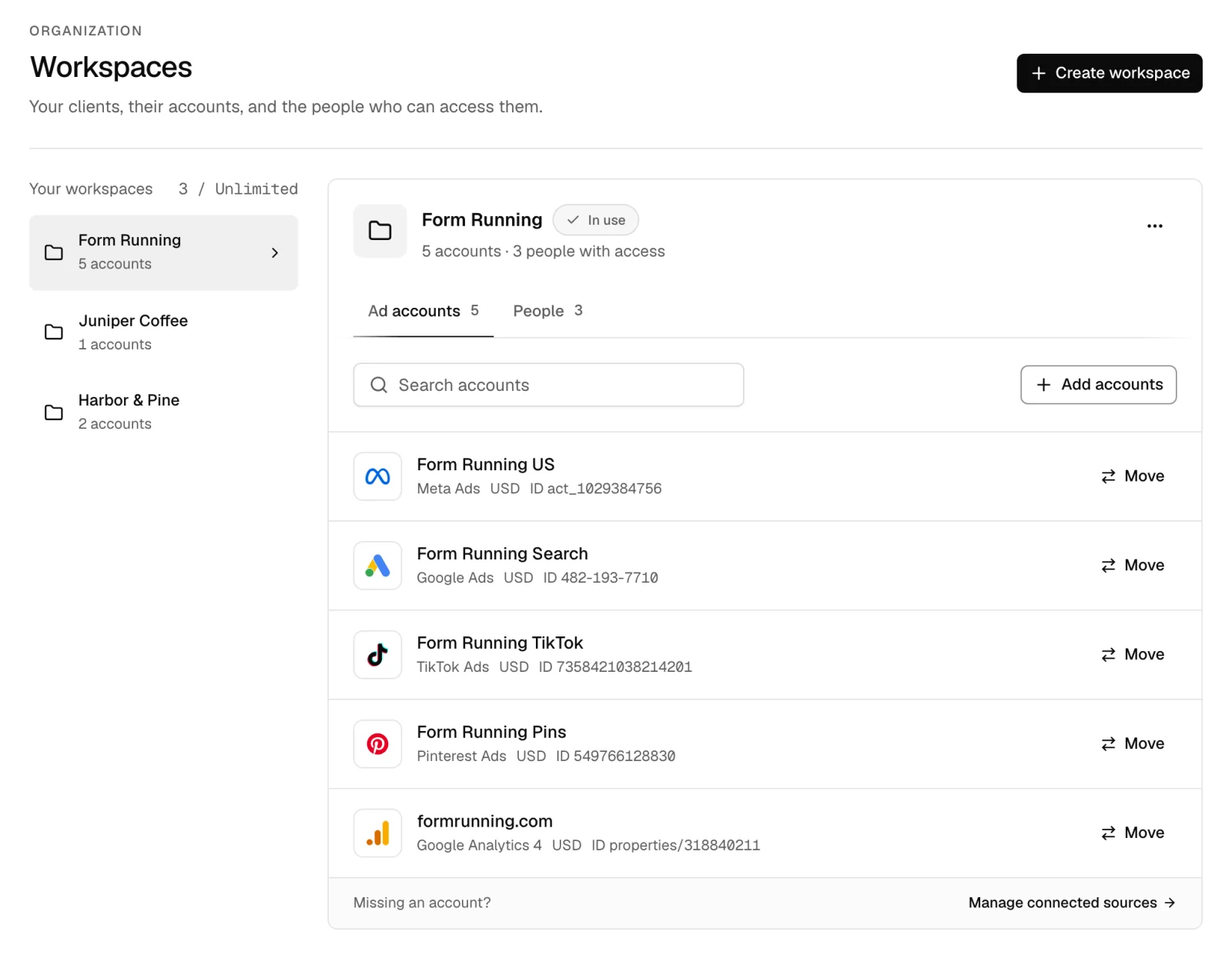 Workspaces of Northpeak Media: Form Running with five ad accounts, Juniper Coffee and Harbor & Pine.